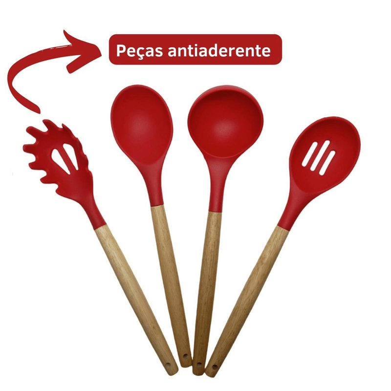 Kit Utensílios de Cozinha 12 Pçs - Silicone e Cabo de Madeira