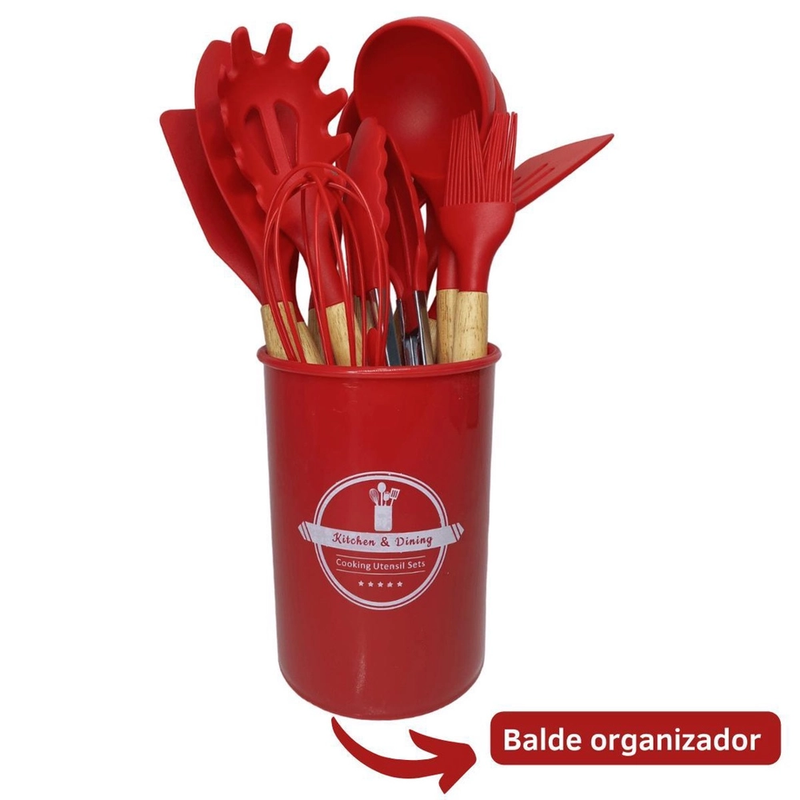 Kit Utensílios de Cozinha 12 Pçs - Silicone e Cabo de Madeira