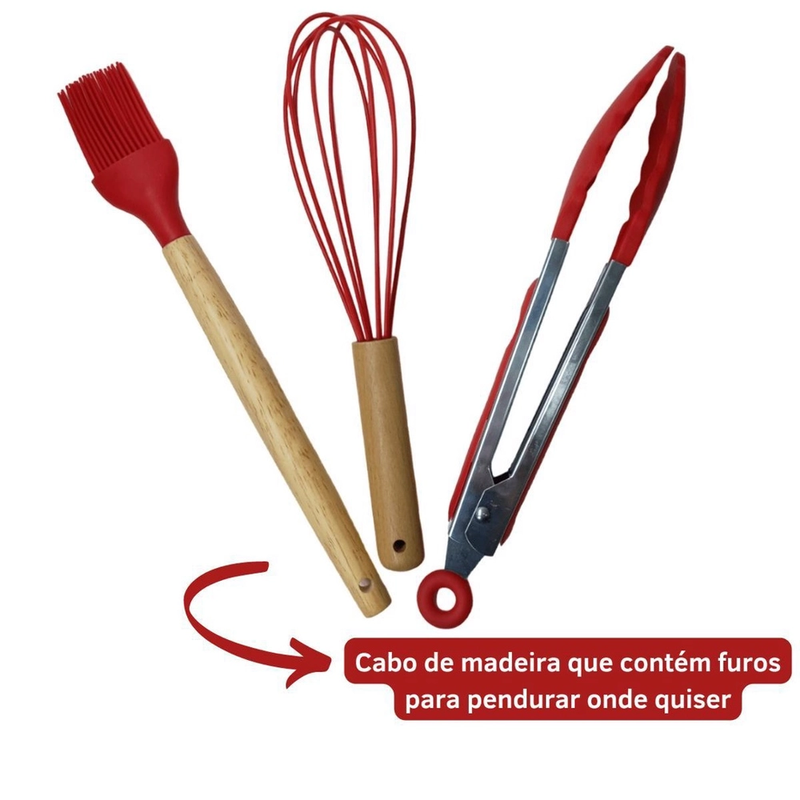 Kit Utensílios de Cozinha 12 Pçs - Silicone e Cabo de Madeira